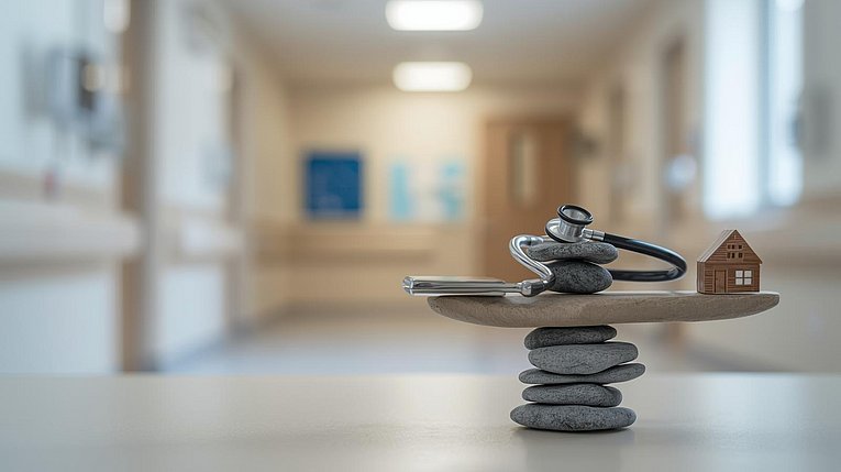 Waage Familie und Gesundheitsberuf In einem Flur sind Steine gestapelt, auf denen ein Brett liegt, was eine Waage darstellen soll. Auf der einen Seite steht ein kleines Holzhaus, auf der anderen Seite liegt ein Stethoskop.